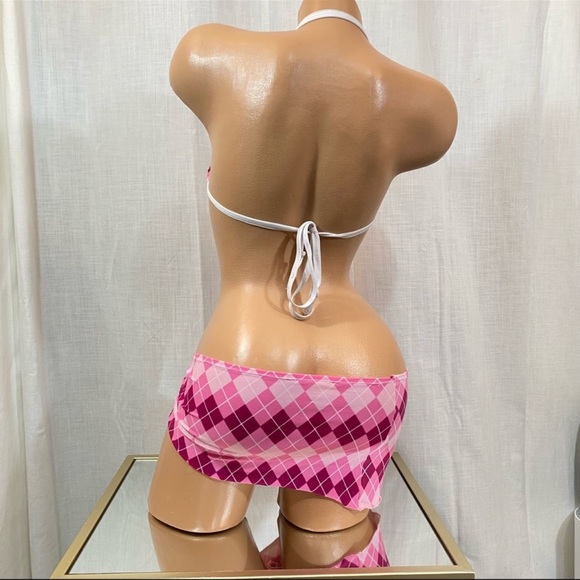 HANDMADE LYCRA EXOTIC DANCE WEAR PINK SCHOOL GIRL SKIRT BIKINI SET S/M - Picture 2 of 2